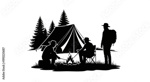 Three people camping in the wilderness with a tent and campfire.