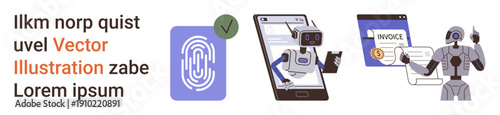 Artificial intelligence, payment systems, online security, authentication, automation, finance innovation. AI robot interacting with fingerprint scanner, smartphone and invoice. Artificial