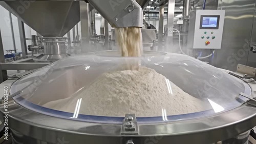 Automated machine pours white powder into a large vat in a modern factory.