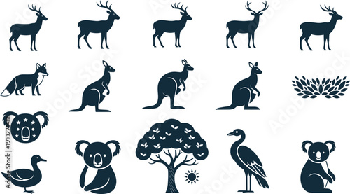 Wildlife animal silhouettes collection featuring deer kangaroo koala birds nature icons for ecology conservation vector illustration