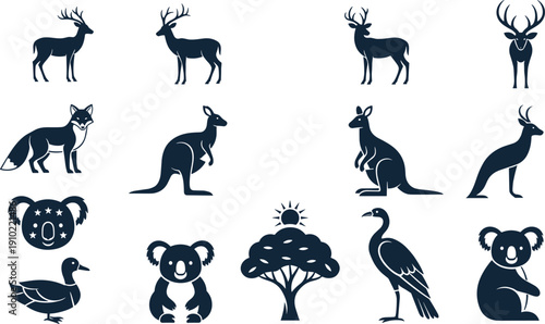 Wildlife animal silhouettes set featuring deer kangaroo fox koala bird duck and tree icons in minimal flat style isolated on white background for nature education and stock illustration use