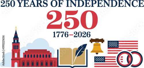 America 250 independence illustration, patriotic anniversary artwork, Liberty Bell design, Independence Hall vector composition, national pride symbol, commemorative concept