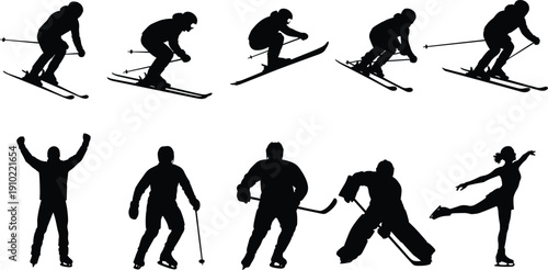 Winter sports athlete silhouette set skiing hockey skating action poses isolated black vector – flavector