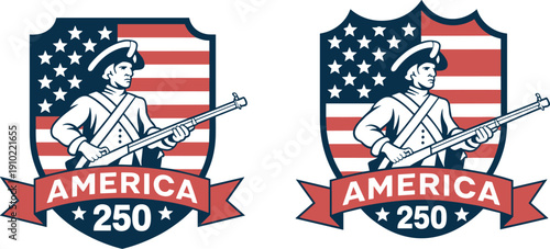 America 250 soldier emblem illustration, patriotic anniversary artwork, independence celebration design, US history vector composition, national pride symbol, commemorative concept