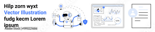 Data analysis, AI integration, identity verification, automation, business technology, digital processing. Robot, data dashboard and profile document illustrated. AI integration and data analysis