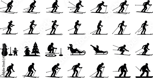 Winter sports silhouettes collection featuring skiing, cross country skiing, snowboarding, sledding, ice curling, snowman and festive winter activity icons isolated on white background