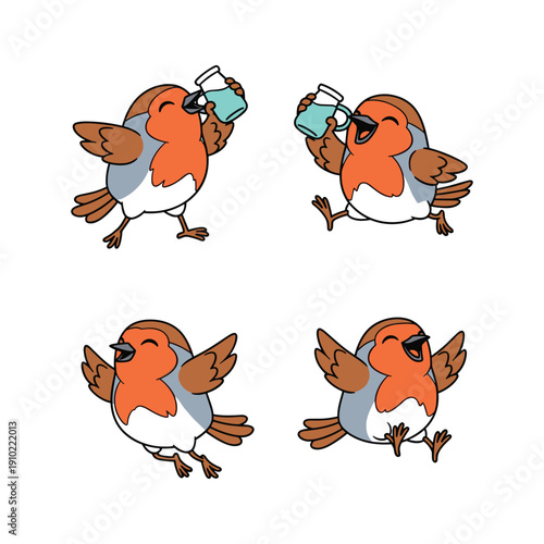 Cartoon red-breasted robin birds drinking coffee in various poses with copy space