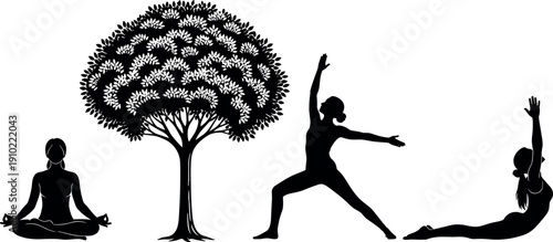 Yoga and meditation silhouettes with nature tree featuring poses, stretching , balance, practice, spiritual harmony, fitness lifestyle, and calm natural environment concept