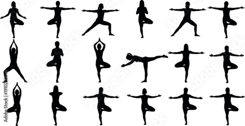 Yoga balance poses silhouettes collection featuring standing asanas, flexibility exercises and mindful body postures isolated on white background for fitness and wellness design