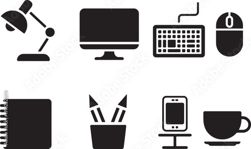 Collection of office supplies and electronic devices on white background