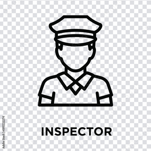 A simple black line icon of a uniformed inspector with a hat and shirt
