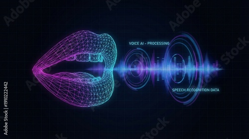 Digital Wireframe of a Mouth with Voice AI Processing and Sound Waves