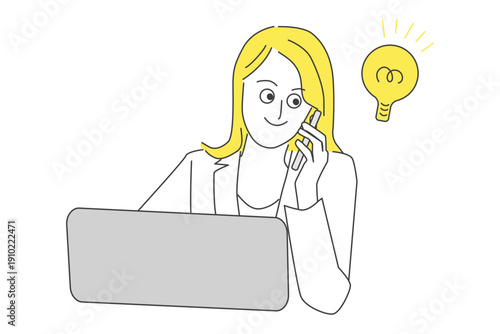 パソコンの前で電話対応をするアイディアが閃いた表情の女性のビジネス線画イラスト
