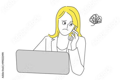 パソコンの前で電話対応をするモヤモヤした表情の女性のビジネス線画イラスト