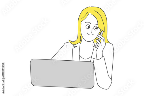 パソコンの前で電話対応をする優しい笑顔の女性のビジネス線画イラスト