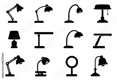 Modern silhouette lamps set featuring various adjustable, curved, and traditional designs for interior design or office concepts