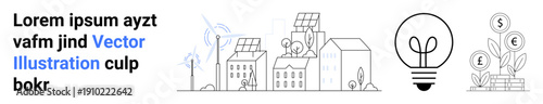 Renewable energy, eco-friendly development, financial investment, innovation, sustainability, environmental awareness. Modern buildings with solar panels, wind turbines, light bulb and money tree