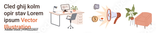 Office setup, digital marketing, financial growth, ad campaigns, productivity, work environment. Workspace with desk and laptop, megaphone with icons and home decor. Office setup and digital