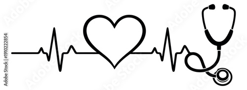 Line art illustration of a heart rate monitor line with a heart and stethoscope depicting healthy cardiac rhythm for medical and healthcare concepts