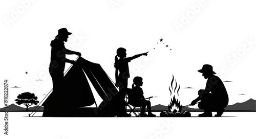 Family camping silhouette setting up tent and making campfire together.