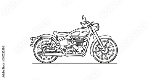 Detailed line art drawing of a classic motorcycle, perfect for coloring books and vintage vehicle enthusiasts.