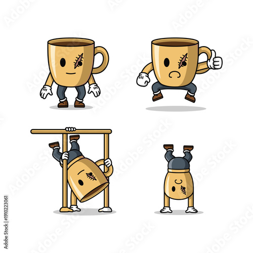 Cartoon coffee mug characters exercising and working out with different emotions