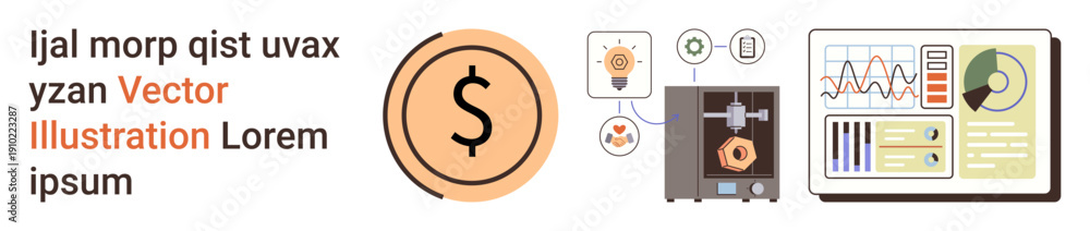 Obraz premium 3D printing, financial management, data visualization, technology innovation, business tools, industrial design. Circular money symbol, 3D printer and analytics dashboard. 3D printing and financial