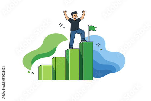 Man celebrating success on top of a bar chart graph.