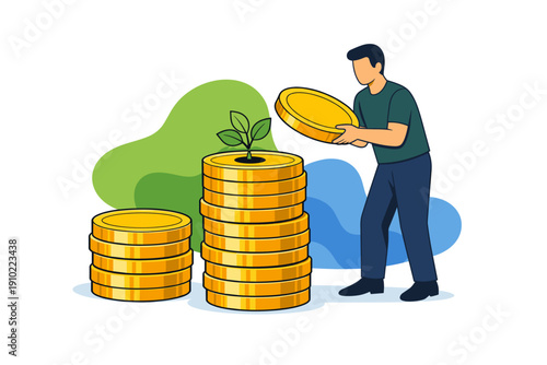 Man stacking gold coins with plant growing on top.