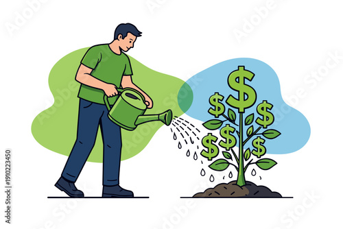Man watering money tree symbolizing financial growth and investment.