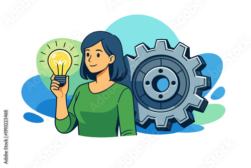 Woman holding a bright light bulb near a large gear.