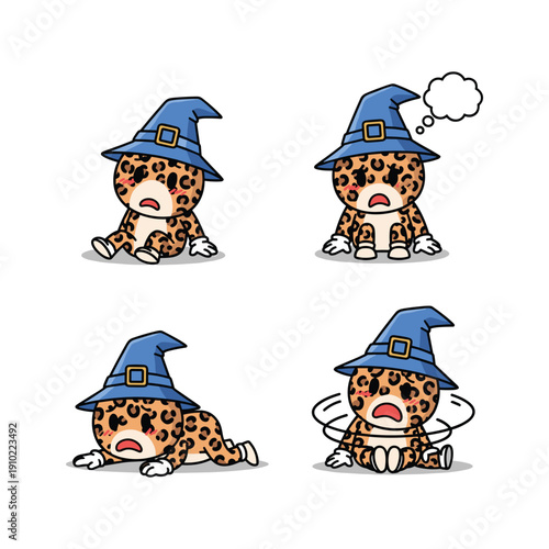 Crying cartoon leopard in witch hat expressing sadness and despair