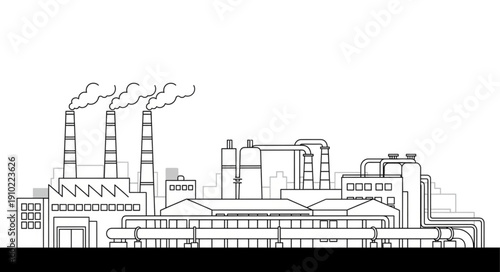 Industrial factory building with smoke stacks emitting fumes into the sky.