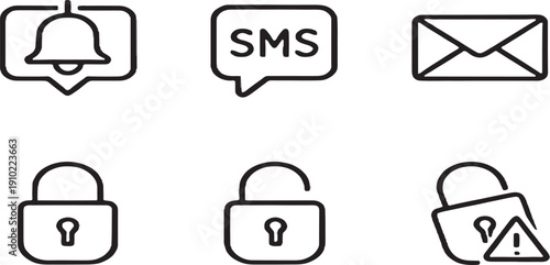 Security icons for notifications and locks on white background