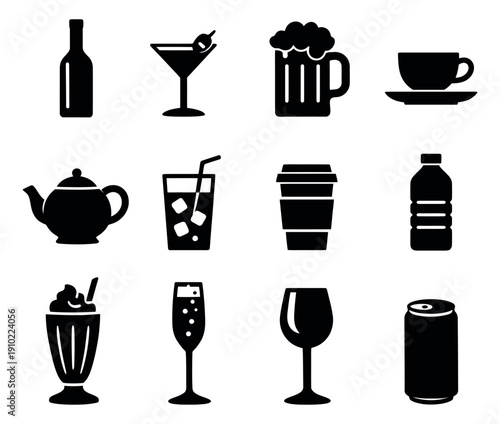 Solid icon set featuring various alcoholic and non-alcoholic drinks for menu and bar designs