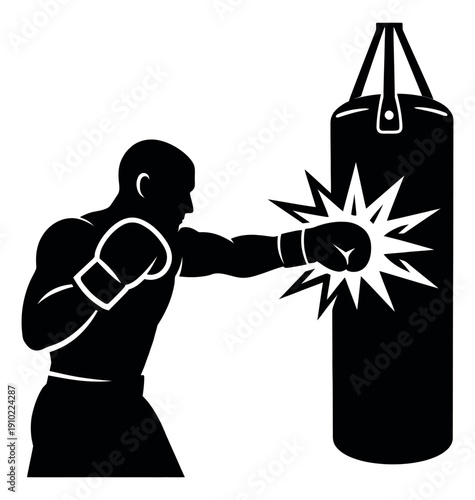 Silhouette illustration of a boxer depicting punching a punching bag for sports