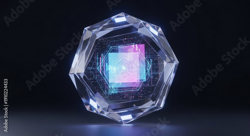 Futuristic crystal object with iridescent glow and geometric facets on dark background showcasing advanced technology and mysterious energy