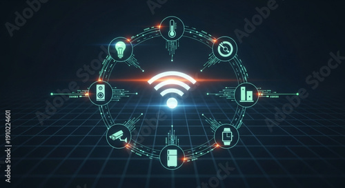Glowing blue wi fi symbol connected to various devices on dark background with grid pattern