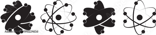atom icon set. Atomic structure symbols. Simple black and white illustration of an atom with orbiting electrons around a nucleus. Simplified black and white atom representation with electrons orbiting