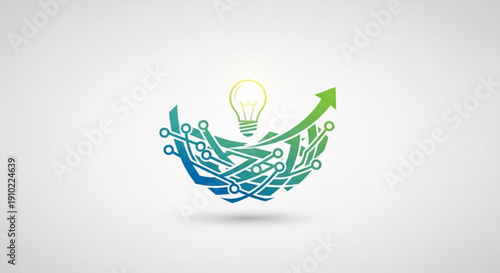 Innovation concept with lightbulb and growing arrow in green and blue gradient lines on white background