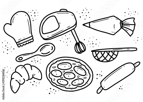 Hand-drawn black and white illustration of various baking tools and baked goods including a mixer, oven mitt, croissant, and tart.