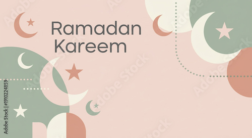 A pastel-colored graphic design wishing 'Ramadan Kareem' with multiple crescent moons and stars in a modern, minimalist style.