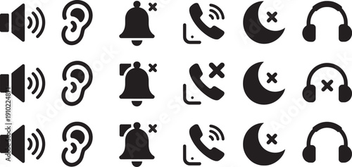 Collection of various black sound and communication icons on white background