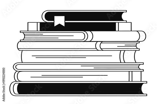 A tall stack of books with varying thicknesses and covers, some open and some closed, creating a visually appealing arrangement.