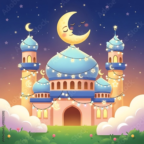 Islamic Mosque at Night with Crescent Moon.