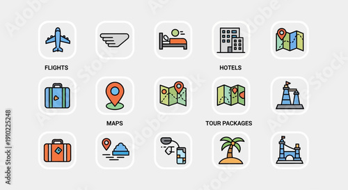 Travel icons collection featuring flights, hotels, maps, and tour packages in a minimalist style
