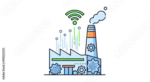 Industrial factory with wi fi signal and smokestack representing modern manufacturing and technology integration in a clean and simple illustration