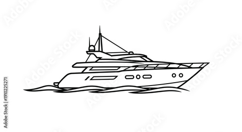 Luxury yacht sailing on calm waters, a serene illustration showcasing vessel, ocean, and leisure activity from a side view