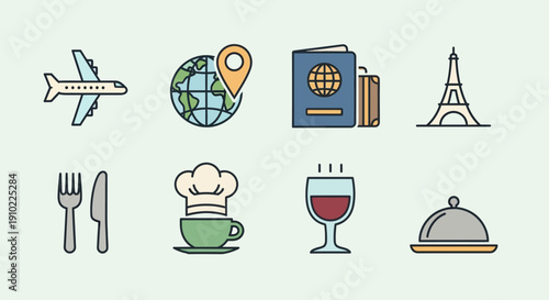 Collection of icons representing travel, dining, and cultural experiences from around the world