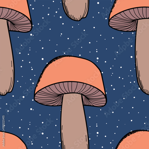 Seamless pattern with mushrooms. Hand drawn vector illustration. Vegan food menu. Poisonous and edible mushroom. Autumn mushroom picking, forest plant sketches.